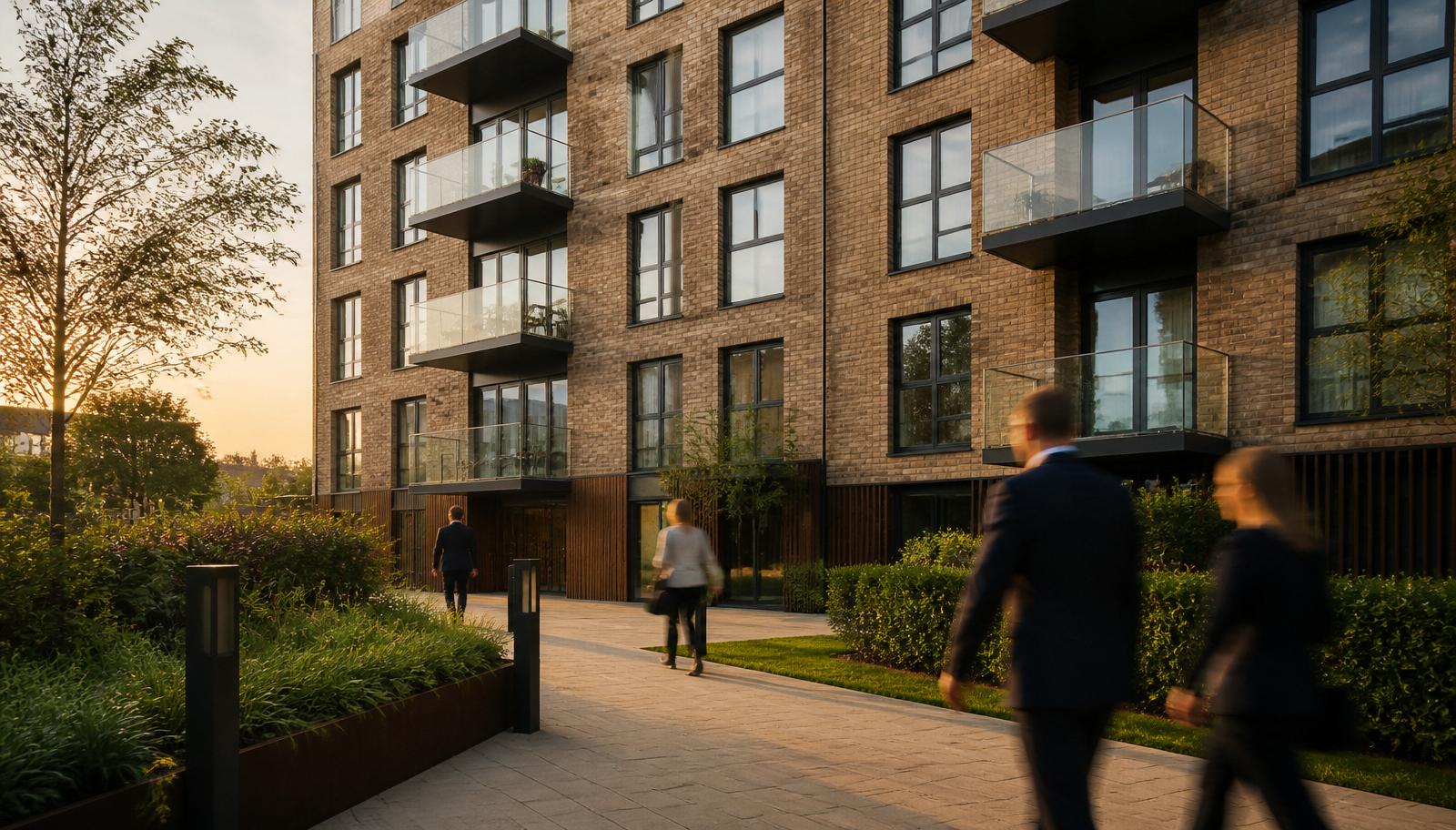 Modern British Build-to-Rent apartment block at golden hour