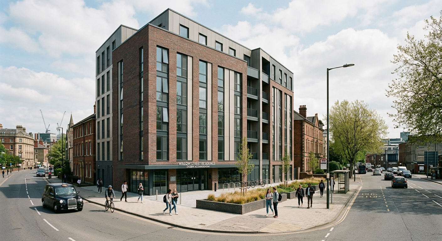 A modern, purpose-built student accommodation building in a UK city, featuring large windows and contemporary architecture under a clear sky.