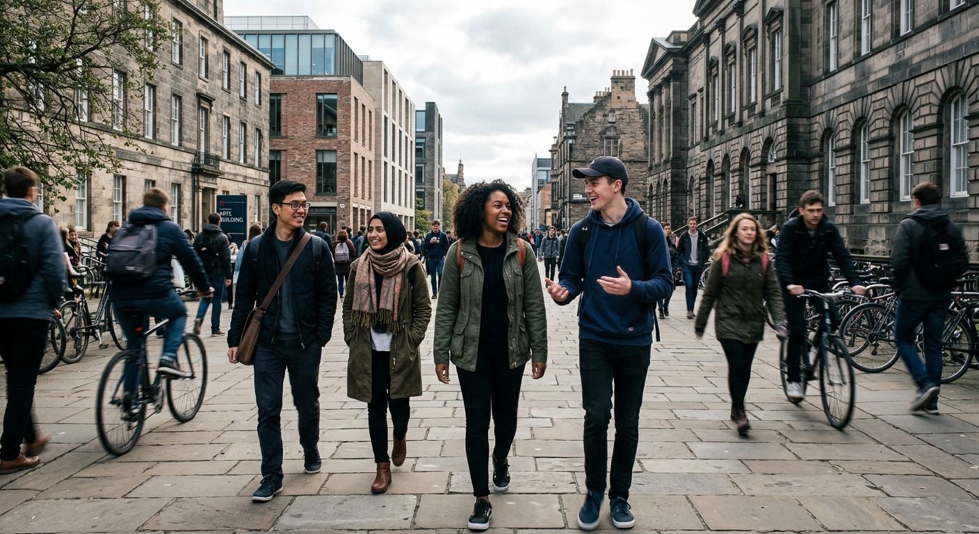 A busy scene on a UK university campus with students walking between buildings, suggesting high demand for student housing.