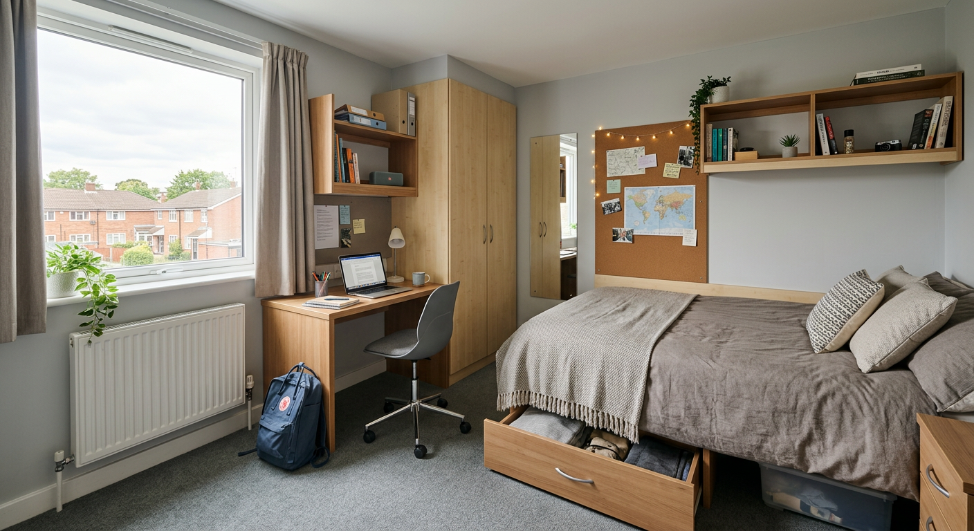 A clean, modern, and well-furnished student bedroom in a UK purpose-built student accommodation.