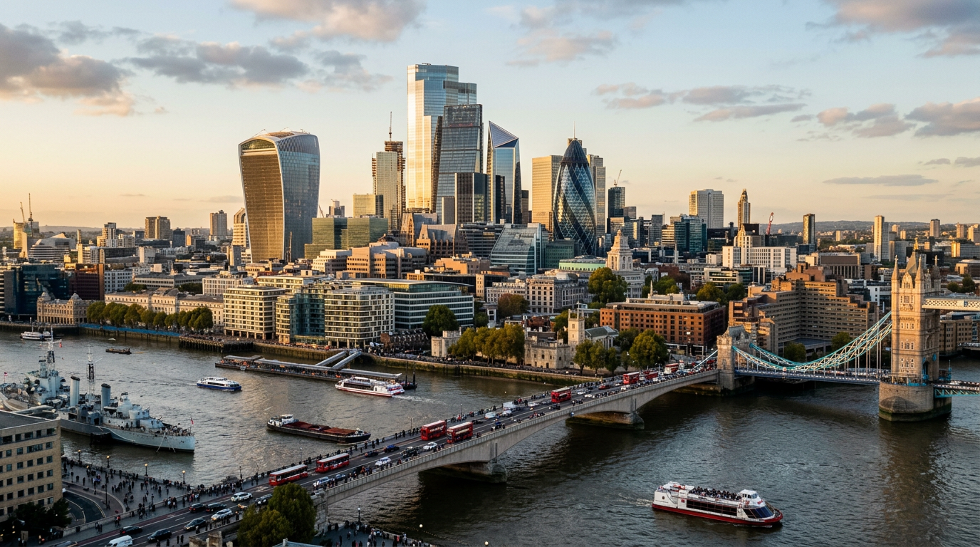 The iconic skyline of the City of London financial district with modern skyscrapers under a clear sky, symbolising investment and finance.