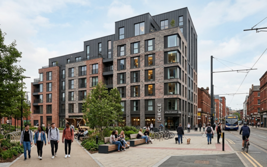 Sleek, modern exterior of a purpose-built student accommodation building in a lively urban setting.