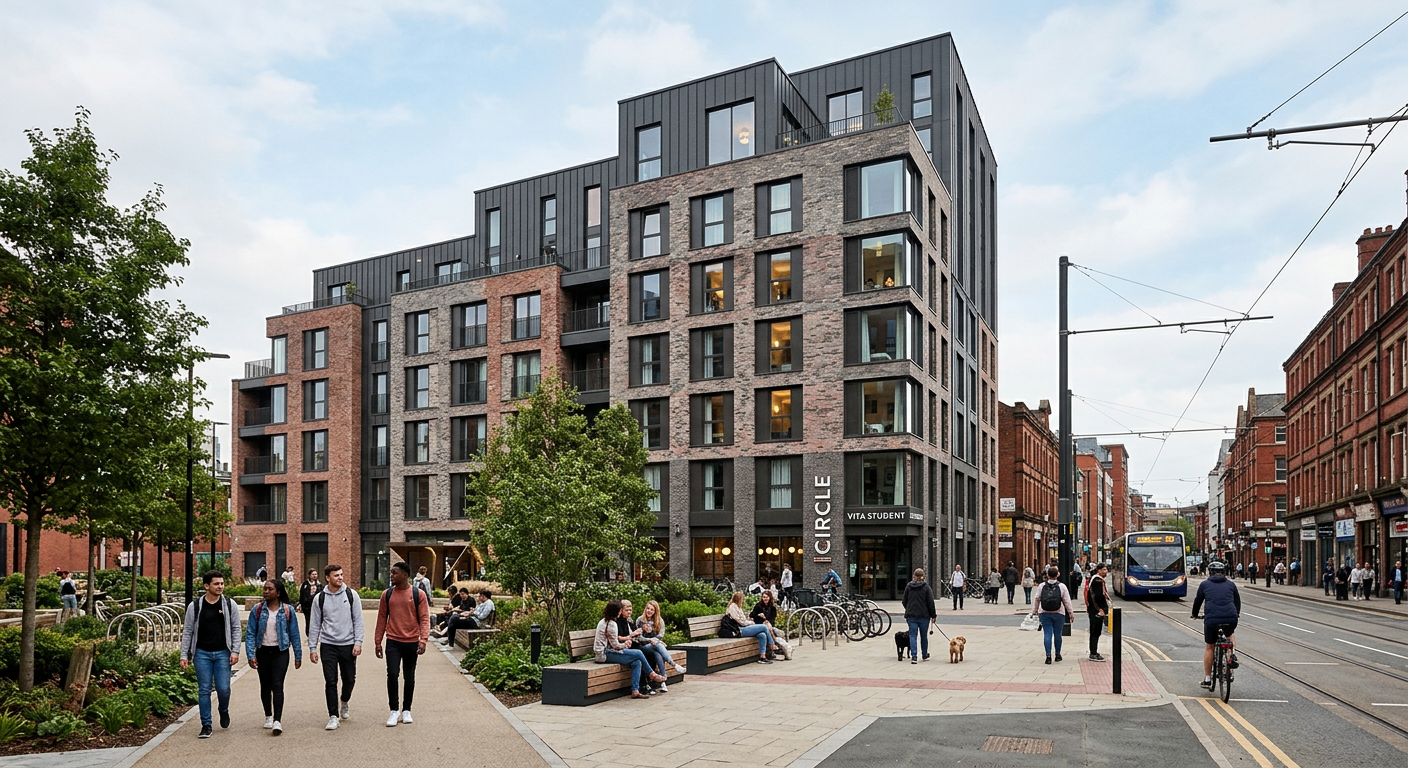 Sleek, modern exterior of a purpose-built student accommodation building in a lively urban setting.