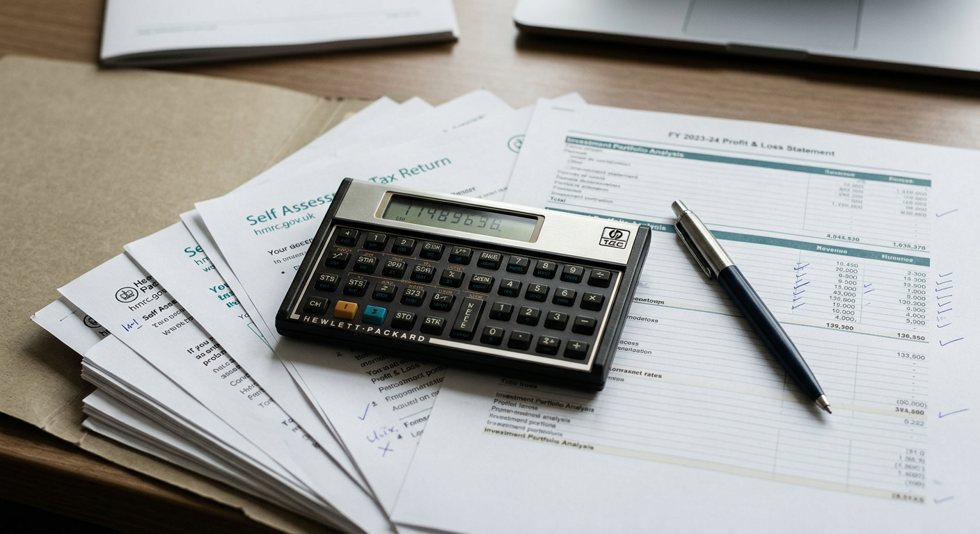A calculator resting on a stack of UK tax forms and financial statements, with a pen nearby.