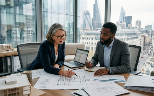 Two business professionals discussing property investment documents at a modern office table, with a city view in the background.