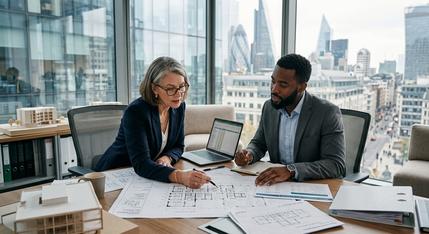 Two business professionals discussing property investment documents at a modern office table, with a city view in the background.