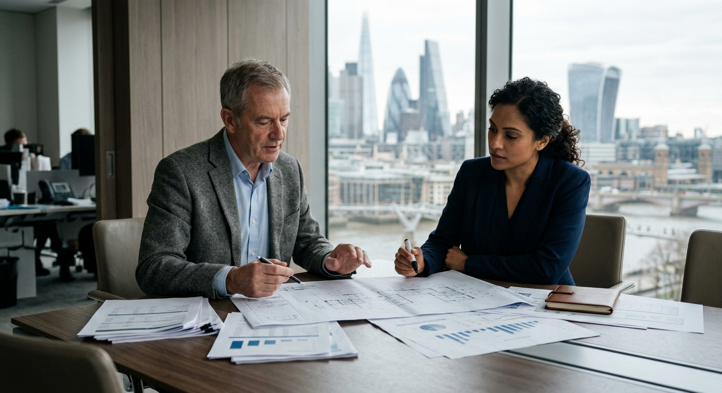 Two business professionals discussing property investment documents at a modern office table, with a city view in the background.