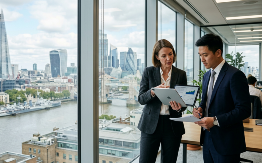 Two professionals in a modern office overlooking a city, reviewing investment documents, signifying strategic financial decisions.