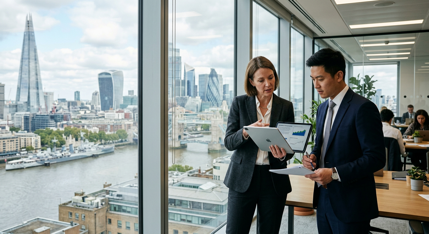 Two professionals in a modern office overlooking a city, reviewing investment documents, signifying strategic financial decisions.