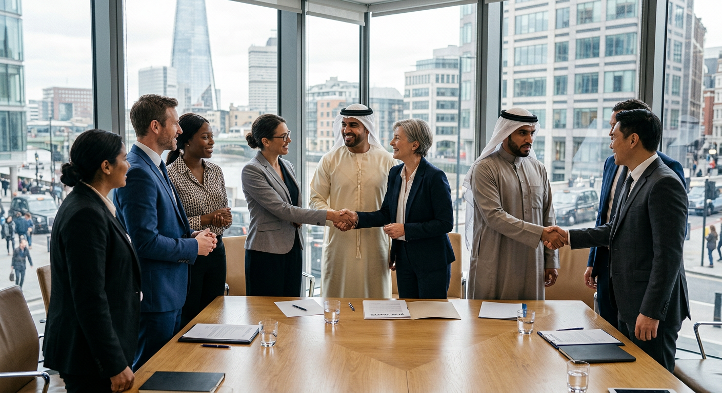 A diverse group of international investors, including individuals from the GCC region, shaking hands and concluding a successful meeting in a sophisticated boardroom.