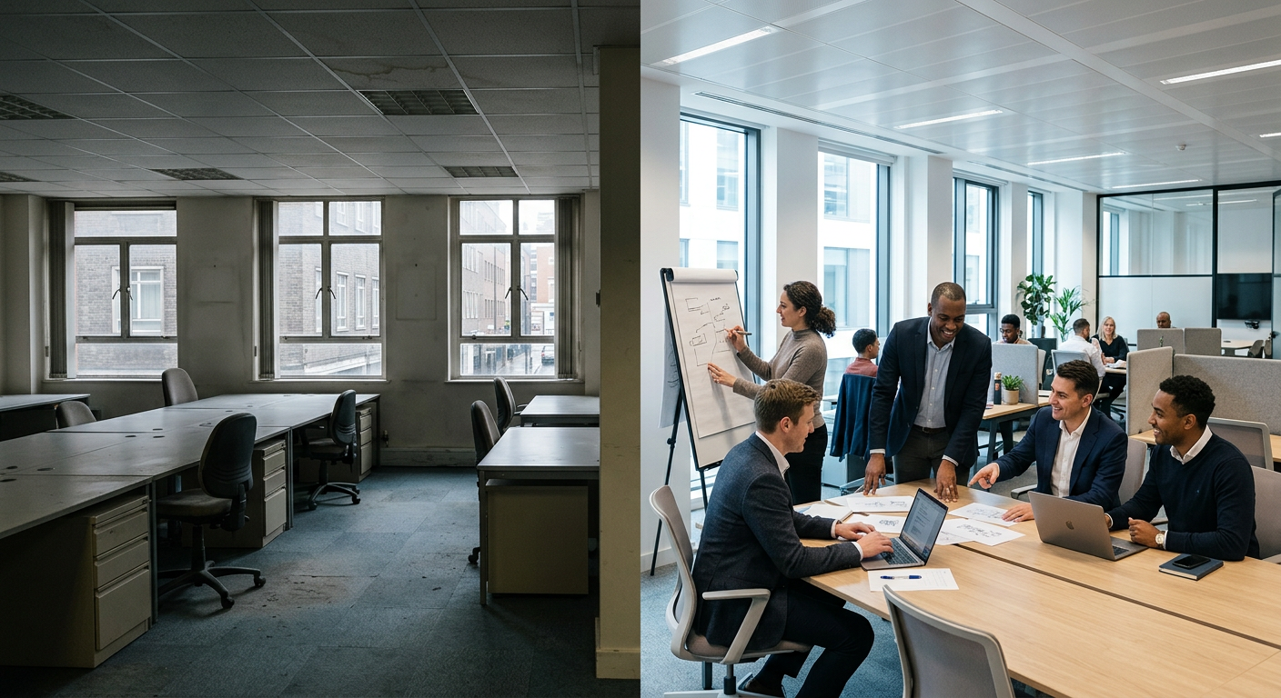 Split image showing a deserted, older office floor contrasted with a vibrant, modern open-plan office space buzzing with activity, illustrating flight to quality.