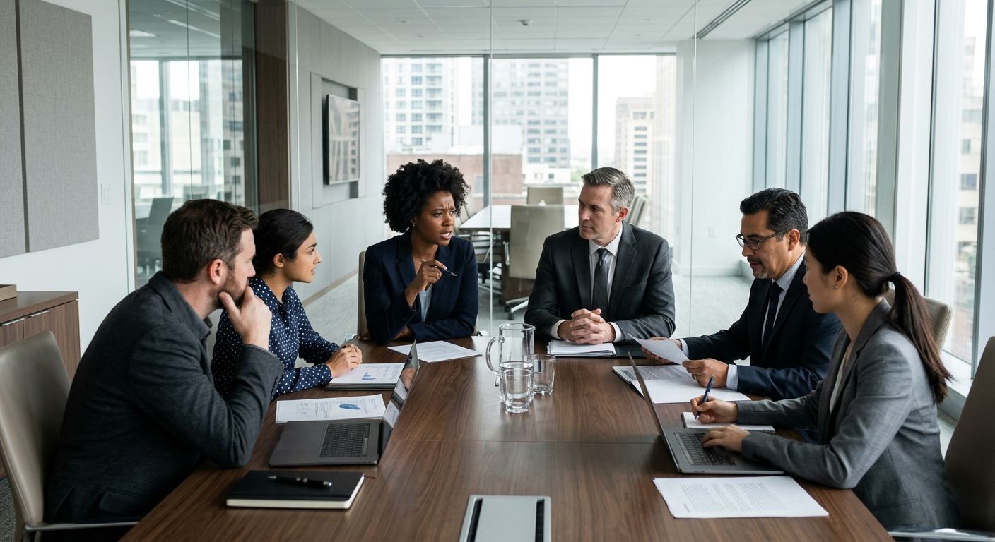 A diverse group of professionals in a modern, well-lit boardroom, engaged in a discussion around a large table.