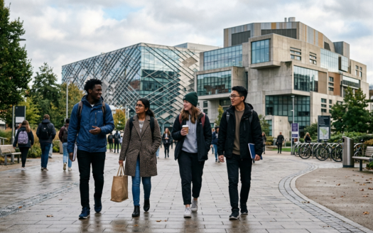 Students walking on the modern campus of a Sheffield university, carrying bags and chatting, conveying a lively academic atmosphere.