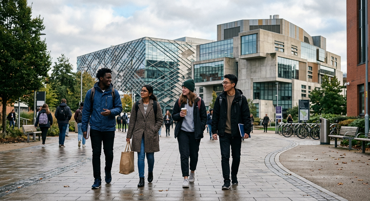Students walking on the modern campus of a Sheffield university, carrying bags and chatting, conveying a lively academic atmosphere.