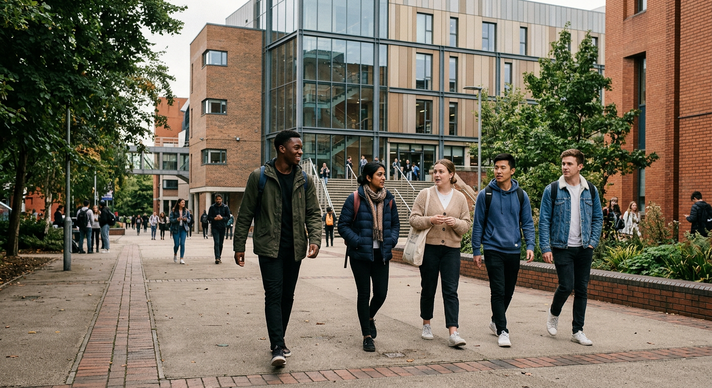 Students walking on the modern campus of a Sheffield university, carrying bags and chatting, conveying a lively academic atmosphere.