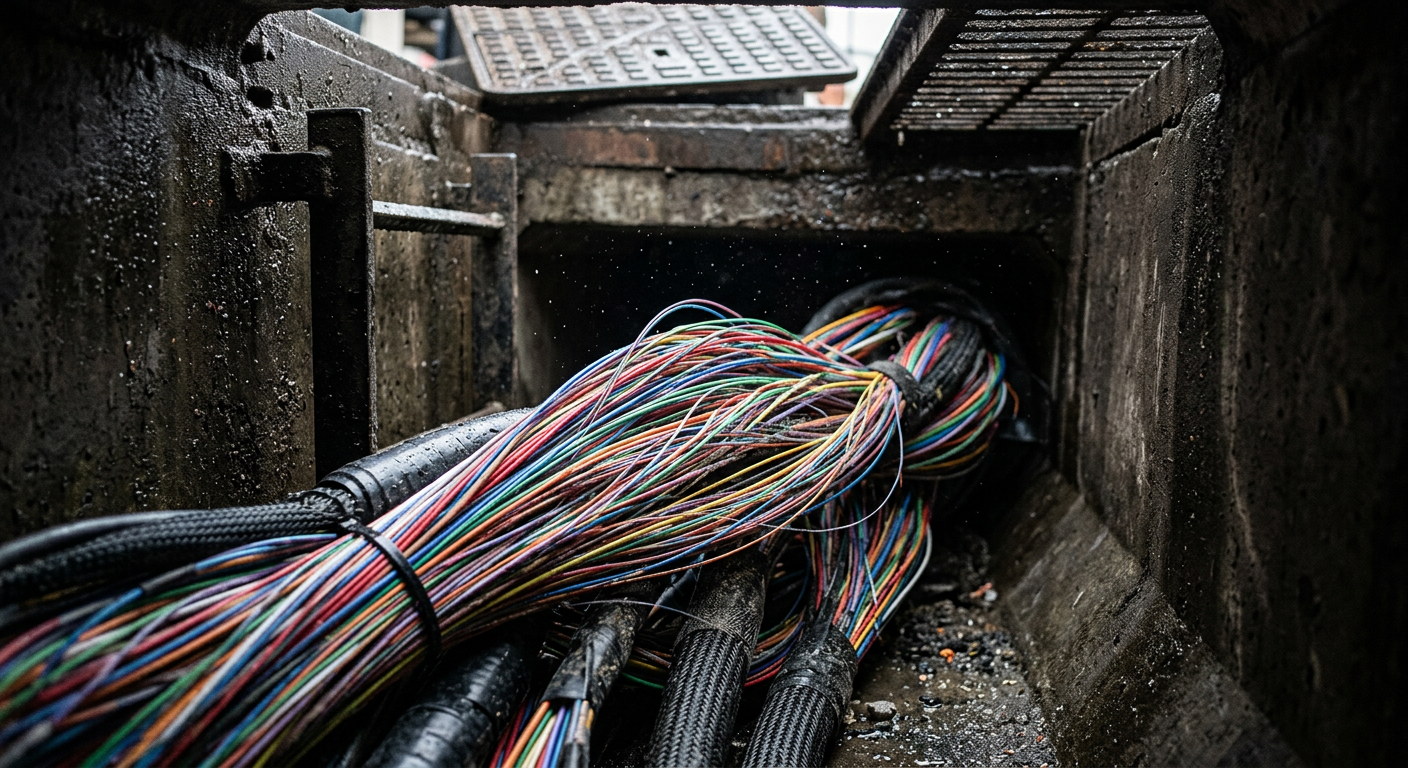 Close-up of a dense bundle of fibre optic cables running through an urban conduit, symbolising high-speed data transmission.