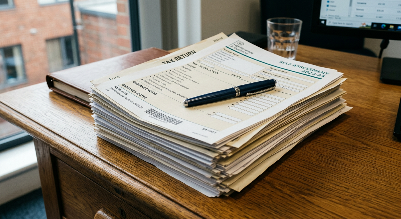Stack of UK tax documents and forms with a pen, symbolising inheritance tax.