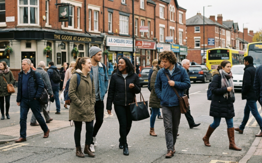 Students and young professionals walking on a lively street near a university in Birmingham, UK.