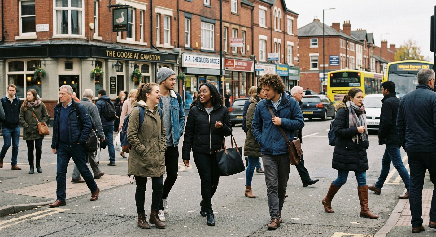 Students and young professionals walking on a lively street near a university in Birmingham, UK.