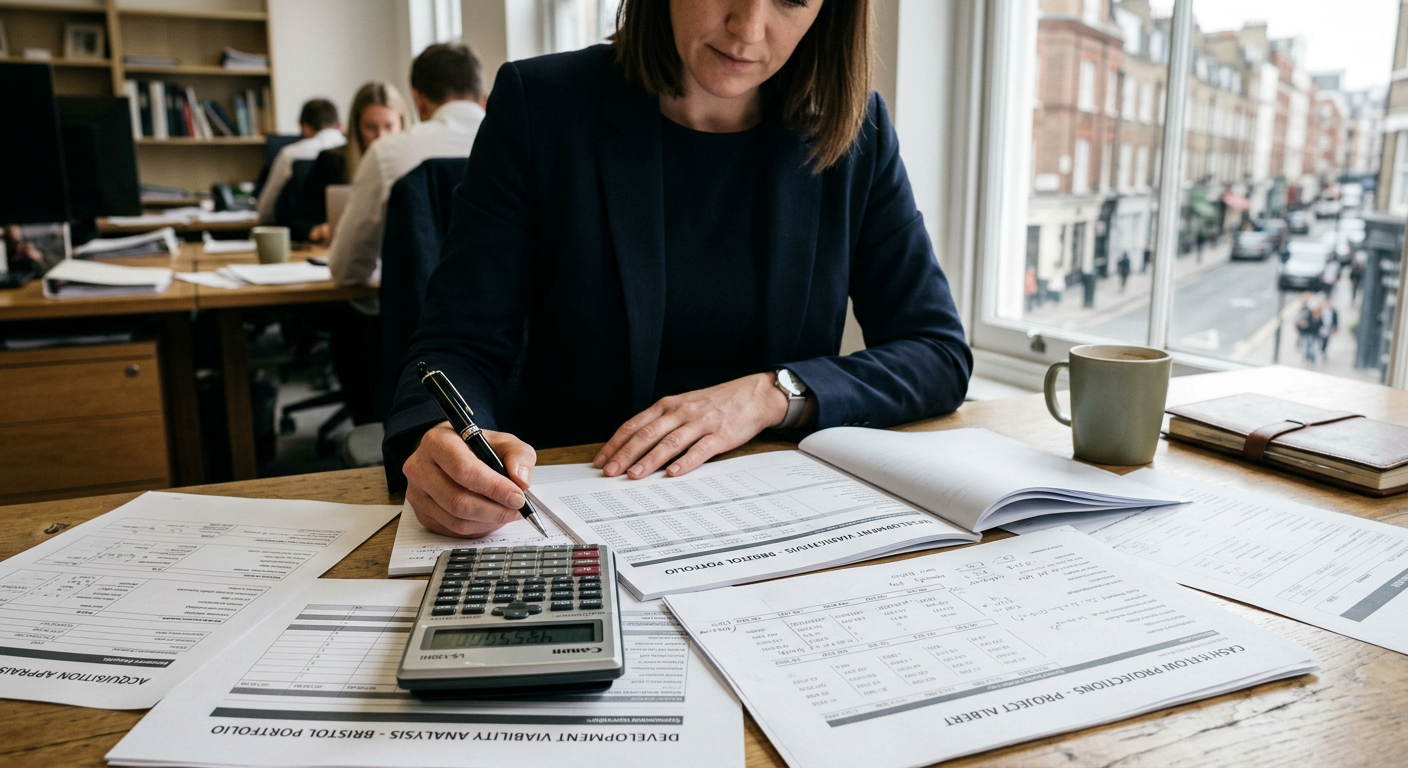 Close-up of financial documents and a calculator on a desk, representing property investment analysis.