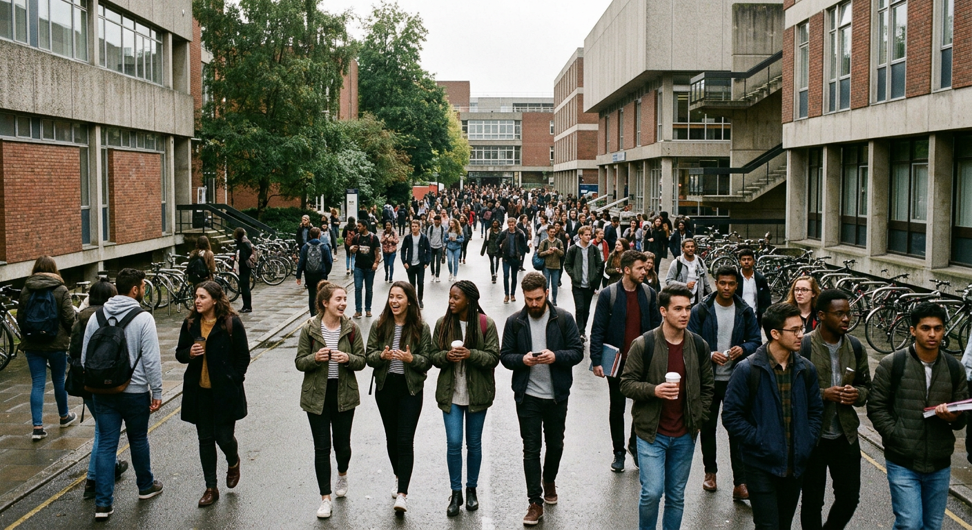 A busy, modern university campus scene in the UK, with a diverse group of students walking between buildings, illustrating high demand.