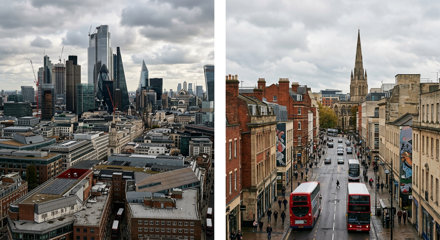 Split image or juxtaposition of two contrasting UK cityscapes: one a bustling, large Tier-1 city, the other a smaller, vibrant Tier-2 city.