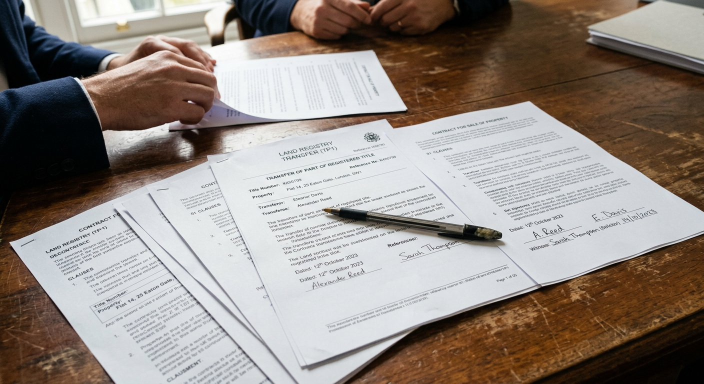 Close-up of legal documents and a pen on a mahogany desk, representing property transaction paperwork.