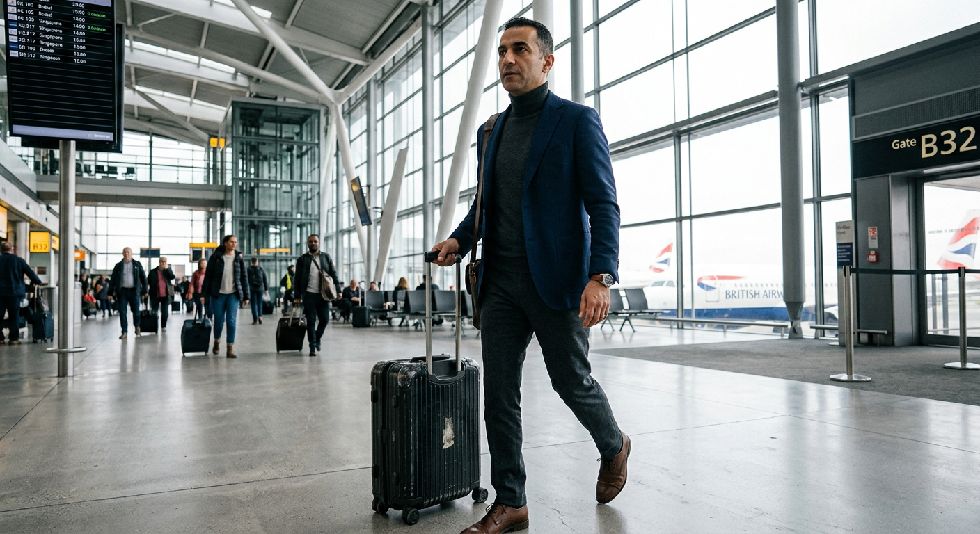Business traveler walking through an airport with luggage, representing international status.