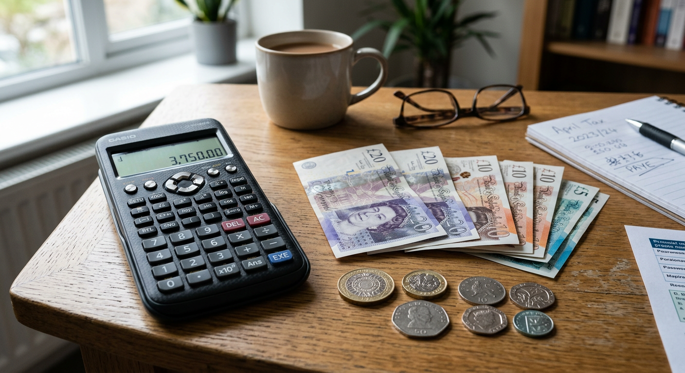 Close-up of a calculator displaying financial figures with UK banknotes and coins nearby.