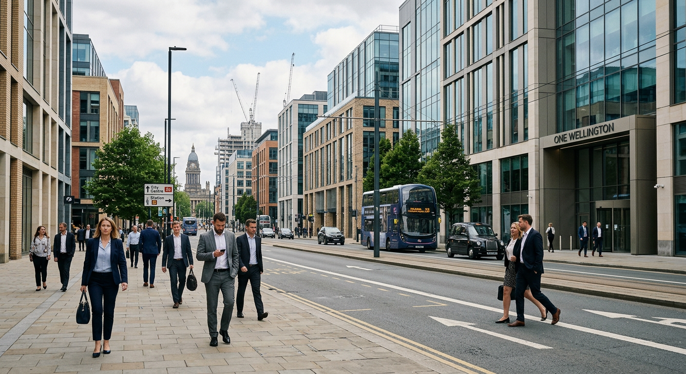 Bustling business district street in a northern UK city, showing modern office buildings and light foot traffic.