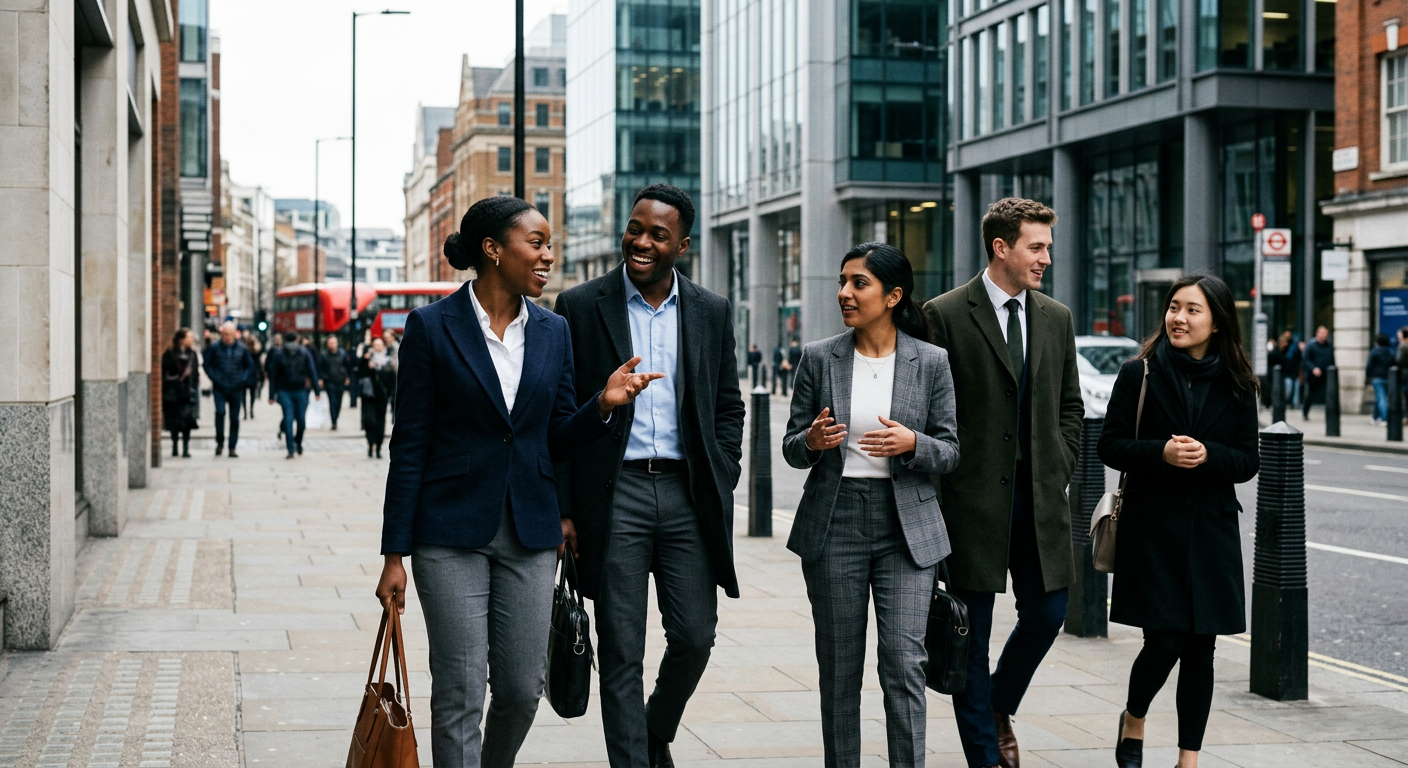 Diverse group of young professionals walking and conversing on a modern urban street, representing tenant demographics.