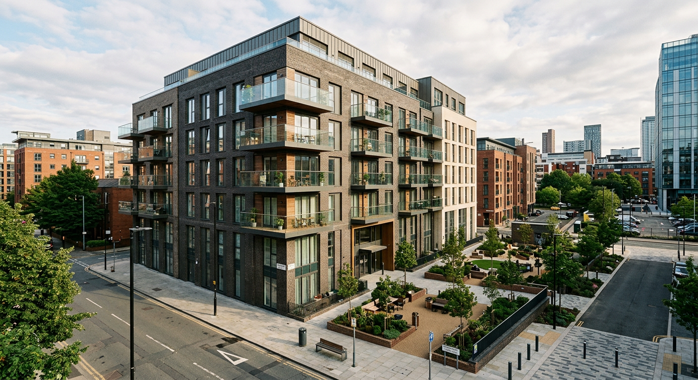 Modern build-to-rent apartment complex with communal green space, illustrating new housing supply in UK cities.