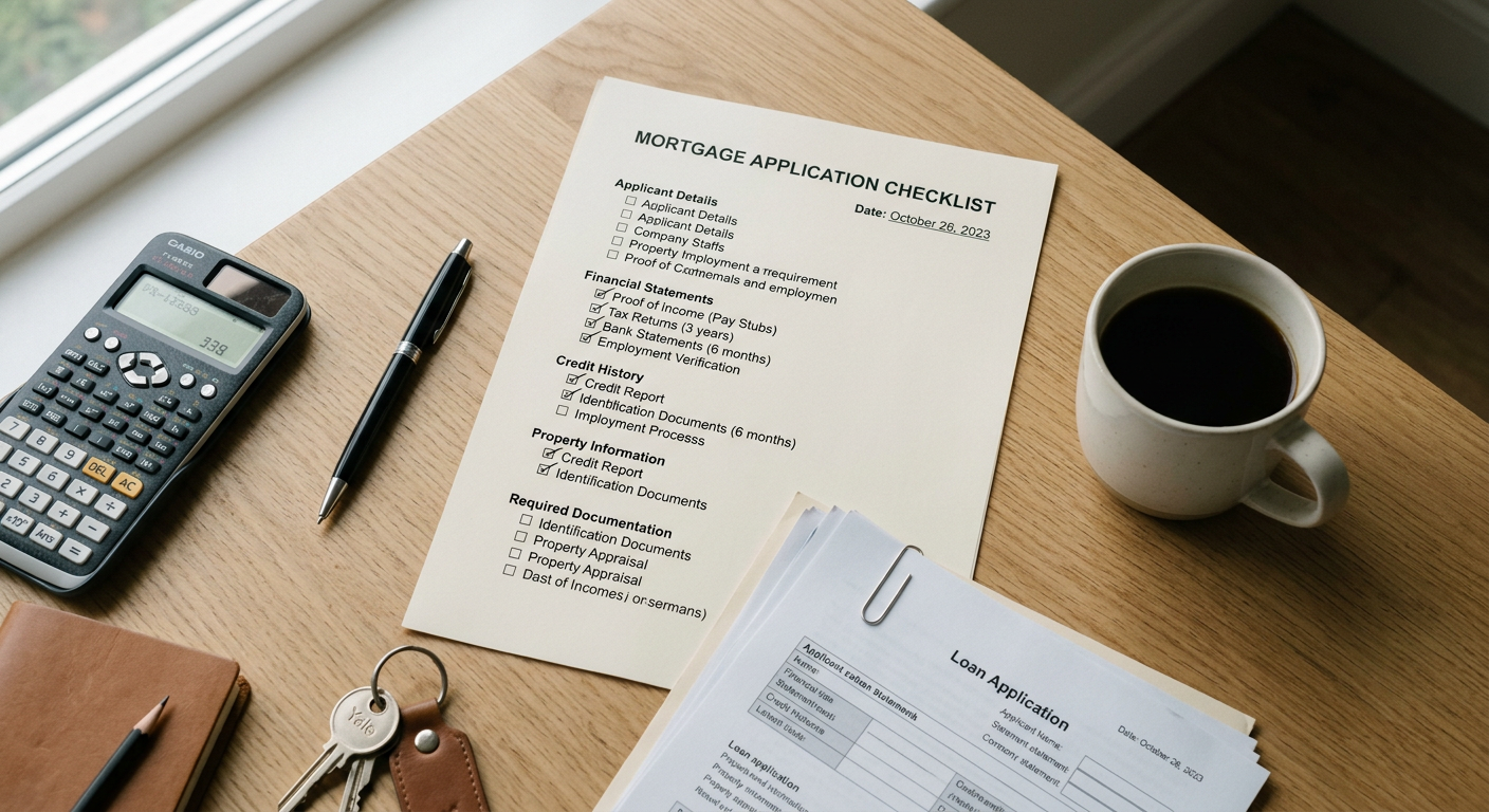 A detailed checklist for a mortgage application spread on a desk with a pen, indicating a structured process.