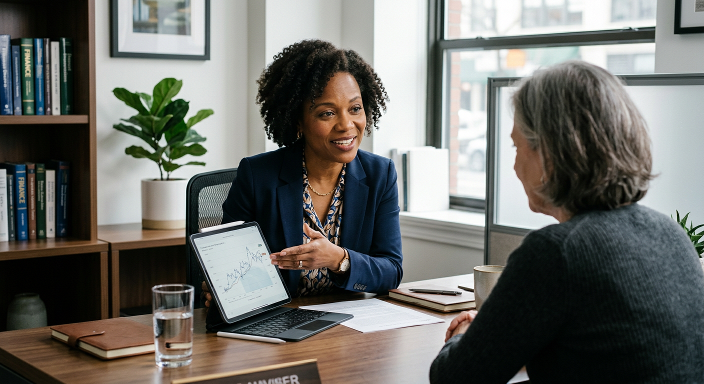 A financial advisor explaining mortgage terms and associated costs to a client in an office setting.