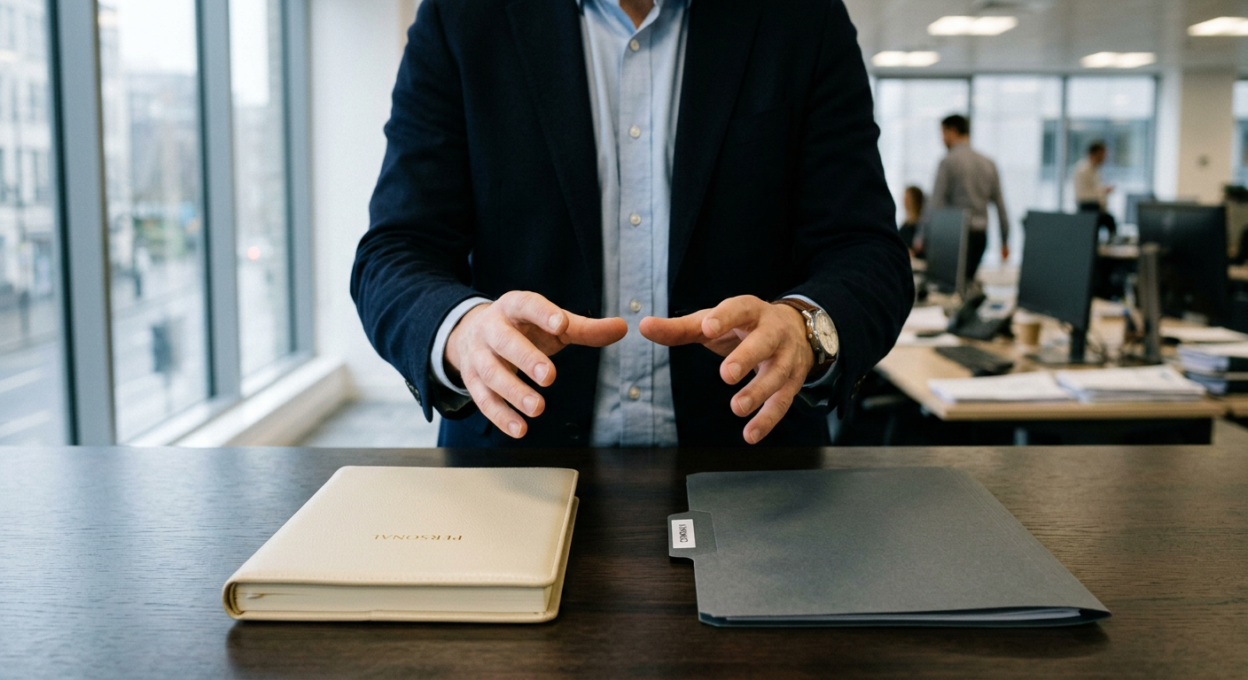 A person weighing two distinct options represented by two paths or choices in a business context.