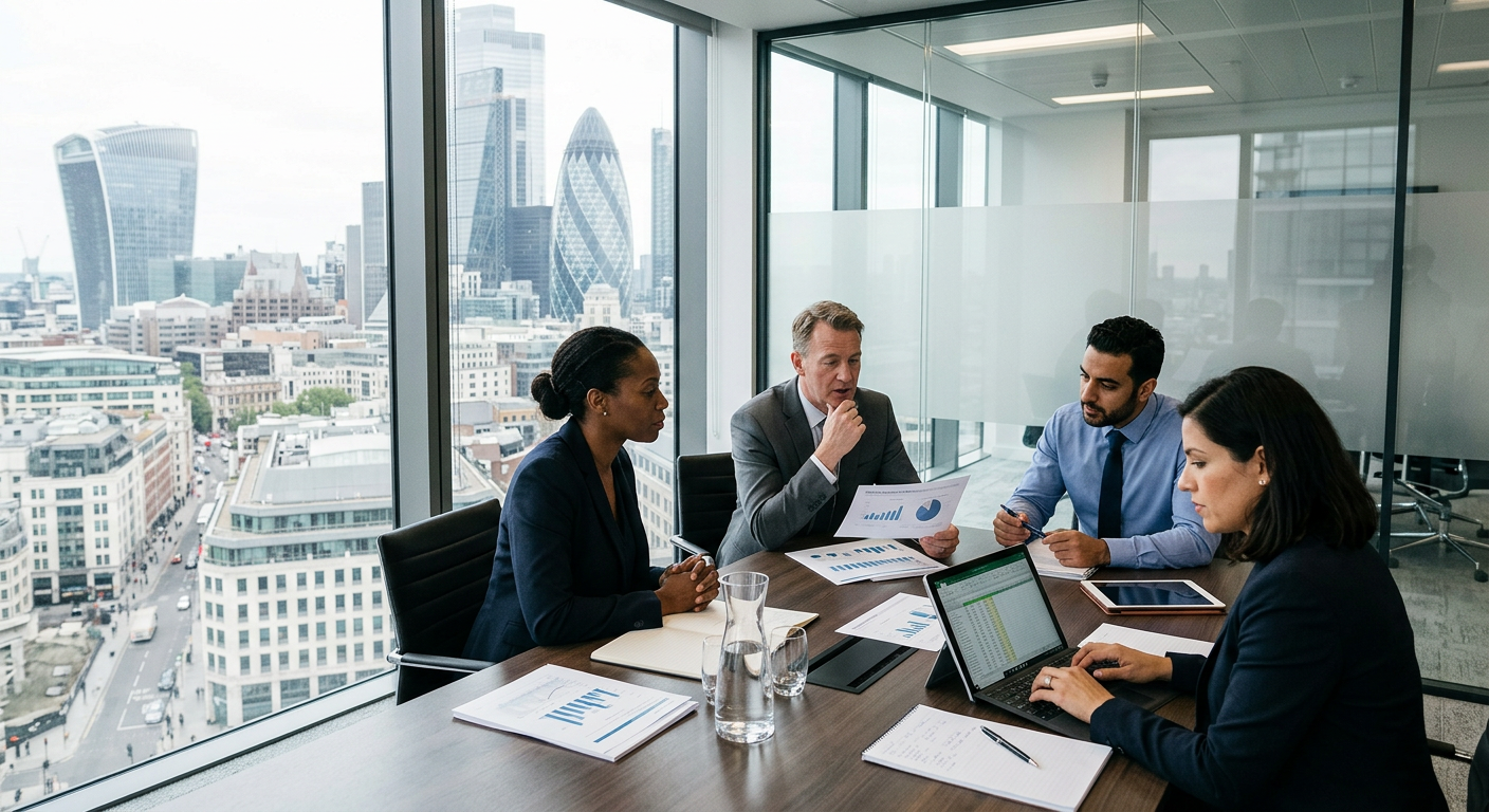 A group of financial professionals in a modern office, discussing lending strategies in the UK market.