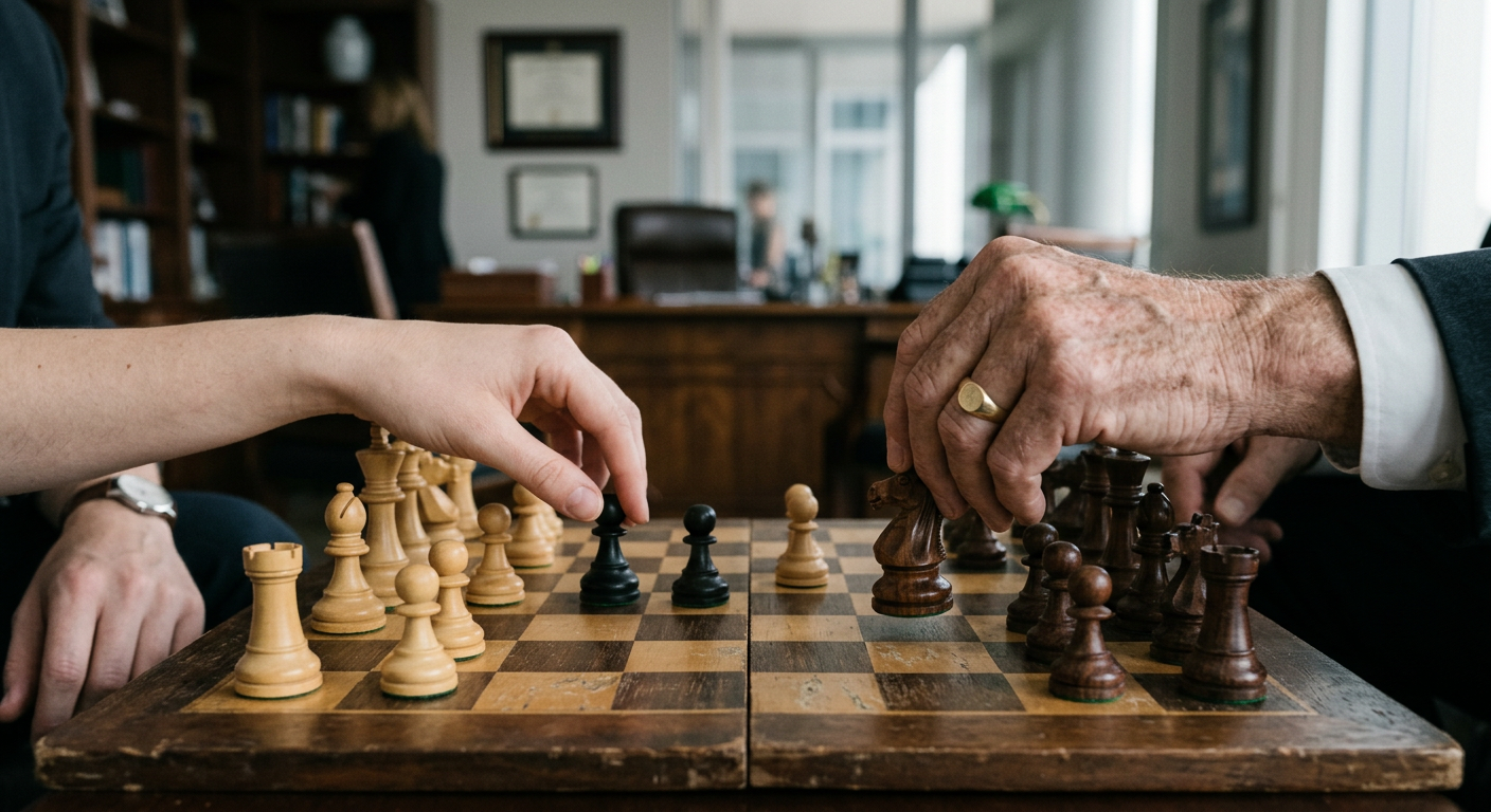 Two hands strategically moving chess pieces on a board, symbolizing complex decision-making.