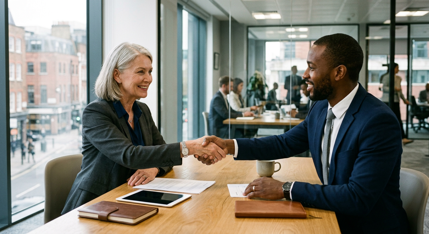 Two business professionals, one male and one female, shaking hands across a meeting table in a contemporary office setting.