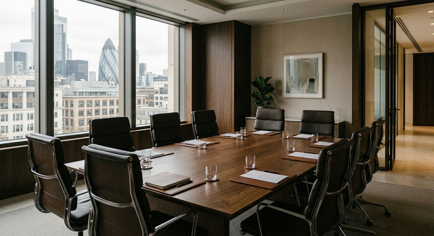 Spacious, modern, and elegantly designed interior of a high-end institutional investment office or boardroom.
