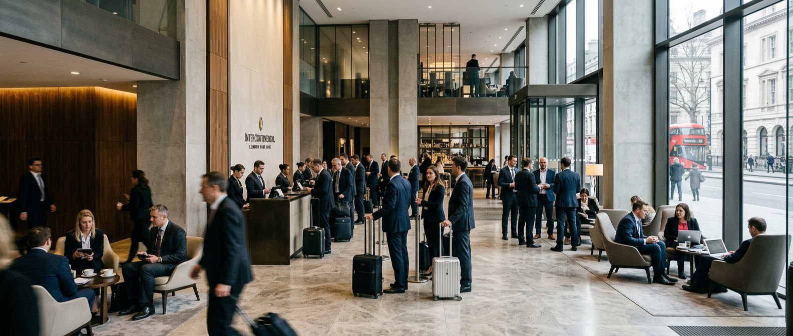 Spacious, elegantly designed lobby of a well-known branded hotel in a major UK city, with business travellers.
