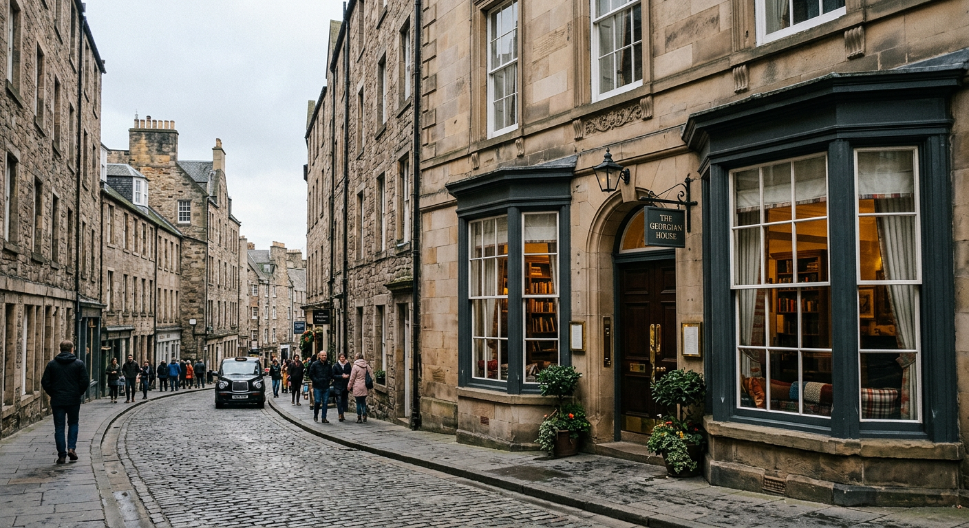 Charming, unique facade of a boutique independent hotel on a picturesque street in a historic UK town.
