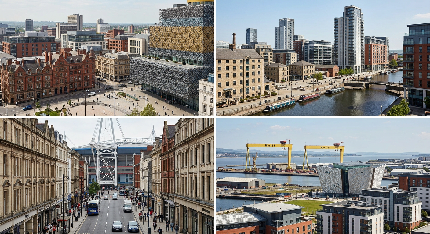 Montage of iconic landmarks or street scenes from different UK regional cities like Manchester, Bristol, and Glasgow.