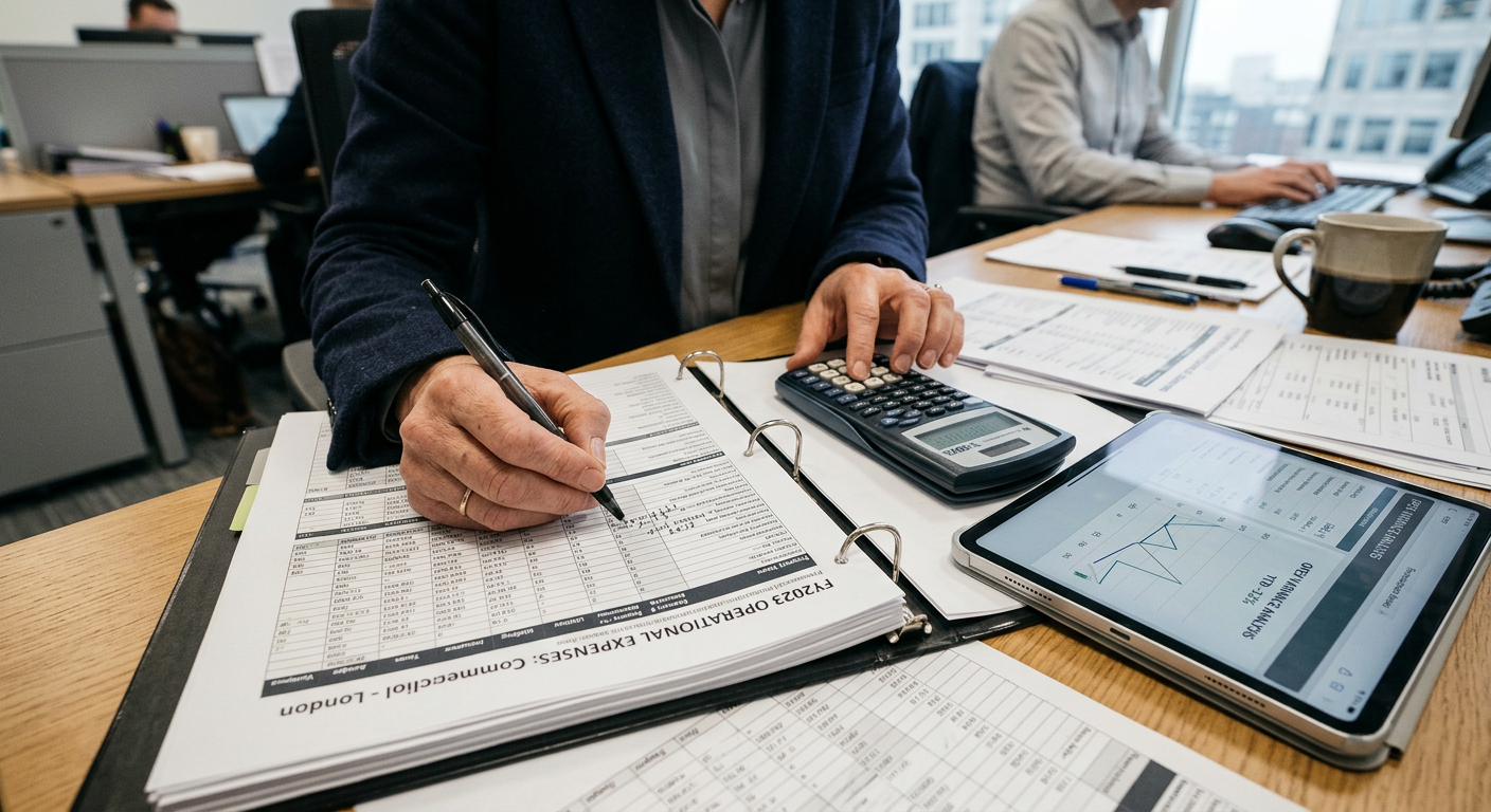 A close-up of hands reviewing complex financial documents and spreadsheets related to property operating costs, possibly with a calculator or tablet.