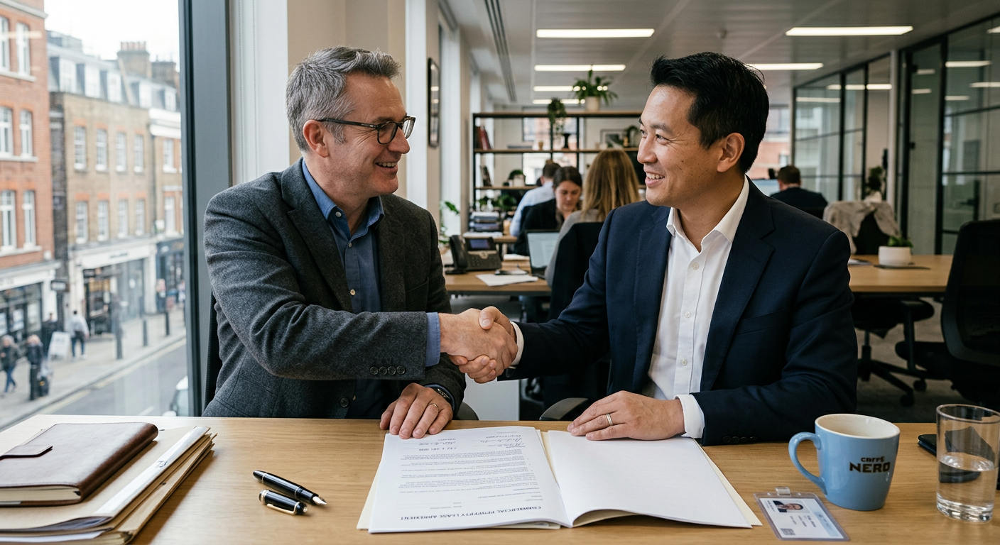 Two business professionals shaking hands over a table with legal documents and pens, signifying a signed commercial property agreement in the UK.
