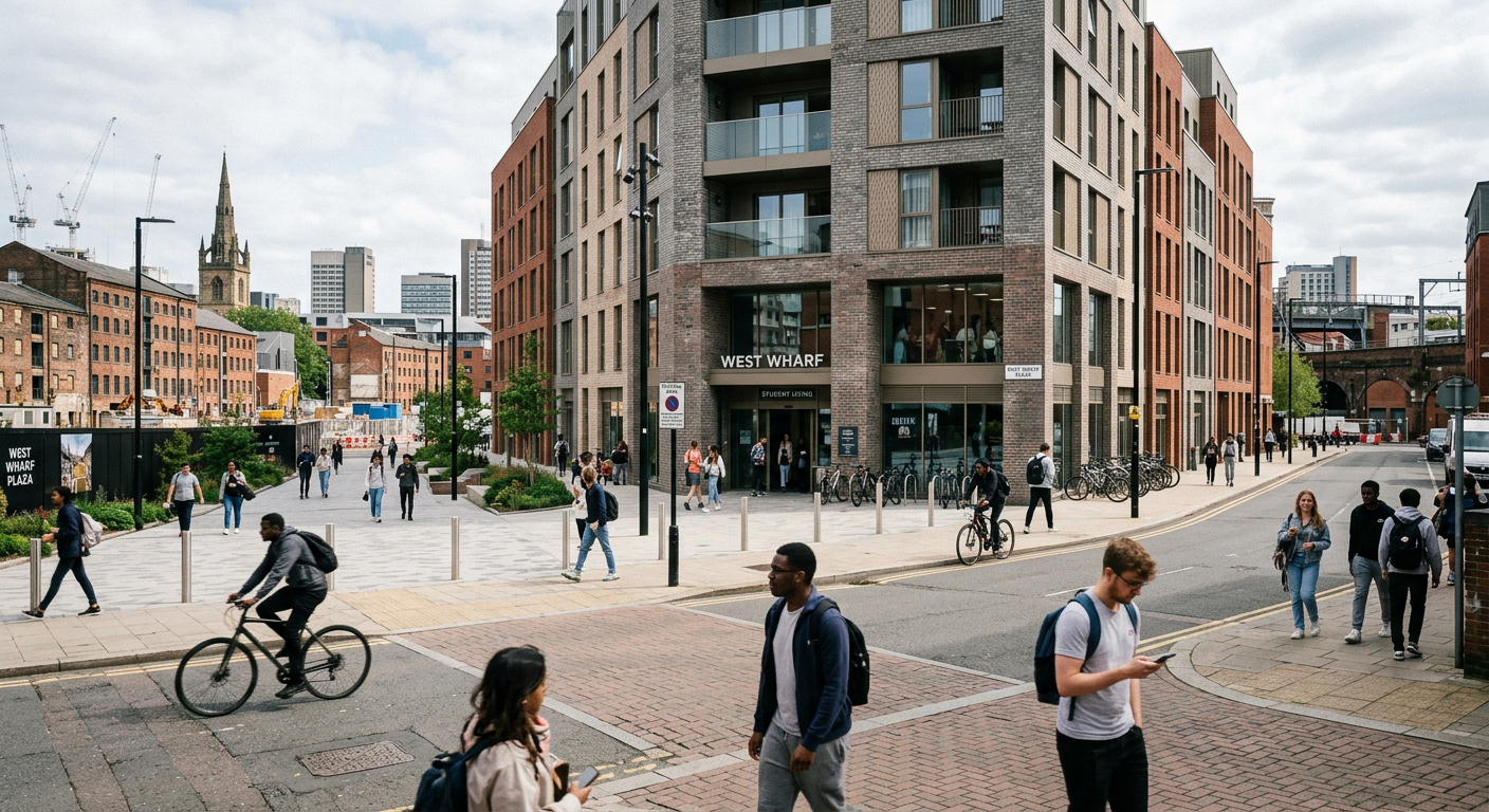 A modern, architecturally striking student accommodation building integrated into a larger urban regeneration area in a UK city.