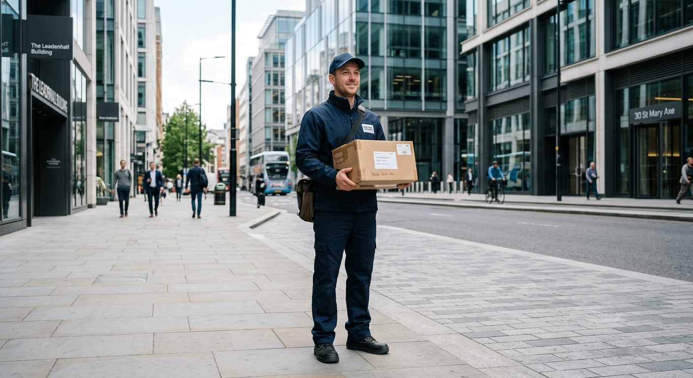 Delivery person in uniform holding a package, smiling, on a city street with modern architecture.