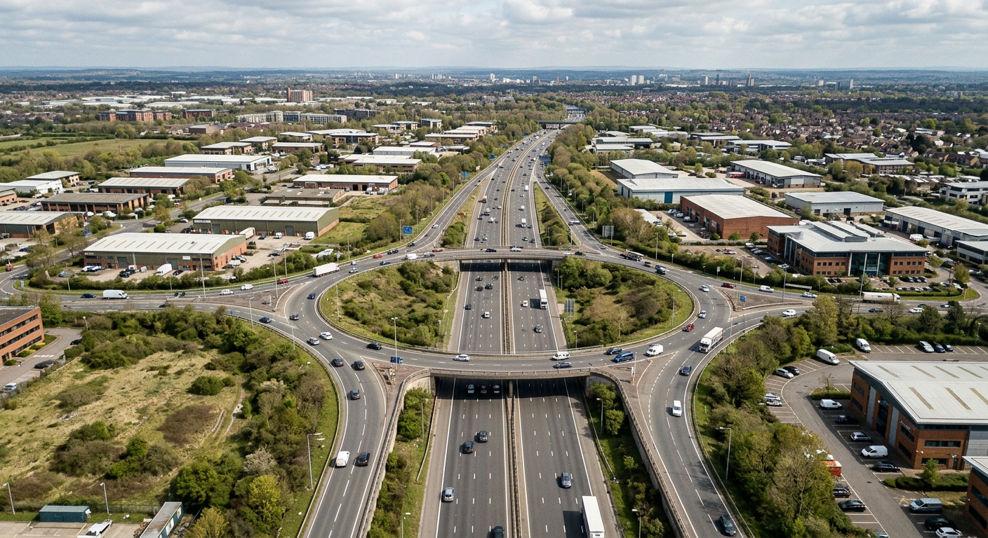 Aerial drone view of a major, complex motorway intersection in the UK, showcasing critical transport links.