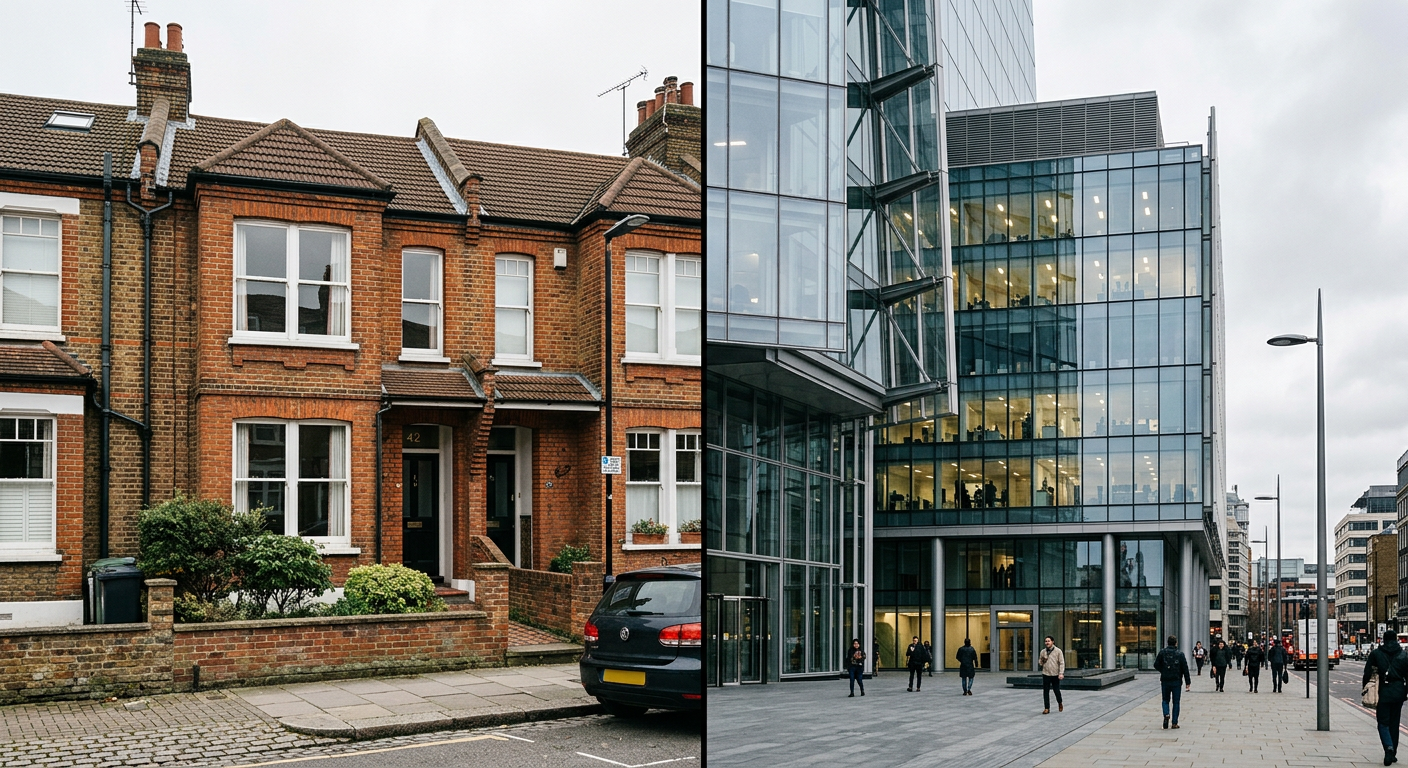 Split image showing a traditional British house on one side and a modern office building on the other.