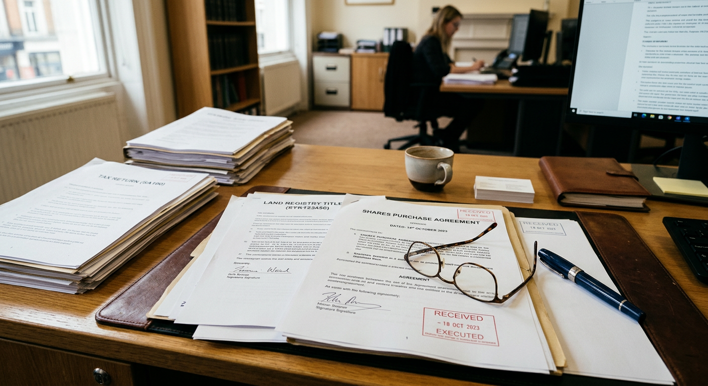 Desk with important legal documents, a pen, and reading glasses, symbolising UK legal and tax review.