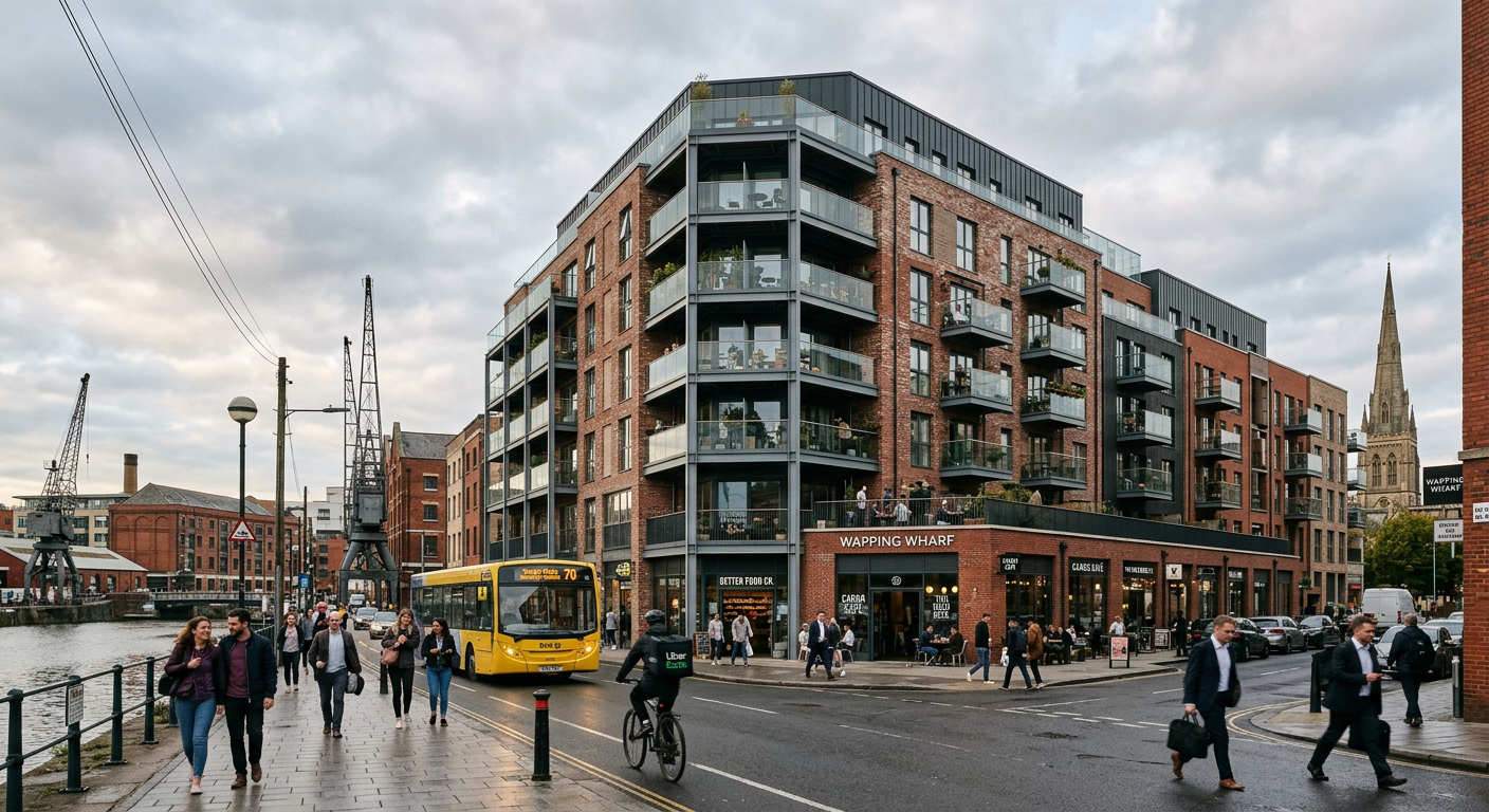 A modern, well-maintained apartment building in a vibrant UK city centre, with a subtle overlay hinting at fluctuating market values.